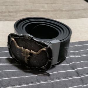 Black Leather Belt with Bull Buckle